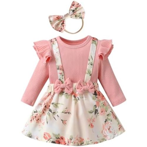 Infant Baby Girl Clothes Dress Newborn Long Sleeve Tops Floral Ruffle Romper Skirt Headband 3Pcs Outfits Set