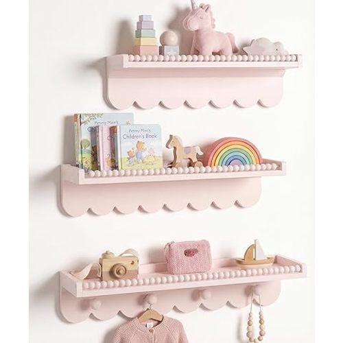 Nursery Book Shelves, Pink Shelf for Wall Pine Wood, Wall Mounted Floating Bookshelves for Baby, Scalloped Shelves for Kids Toddler Children Room Storage and Decor, Set of 3