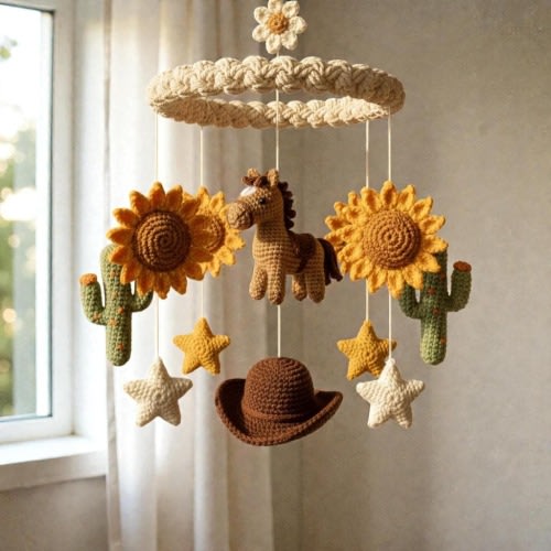 Crochet Western Horse Mobile, Handmade Sunflower Hanging Decor, Boho Farm Fiber Art