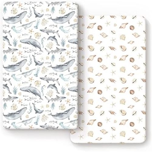 GRSSDER Stretchy Ultra Soft Jersey Knit Fitted Crib Sheets Set 2 Pack, Fit All Standard Crib Mattresses Safe and Snug, Beautiful Marine Organism for Boys and Girls, Shell