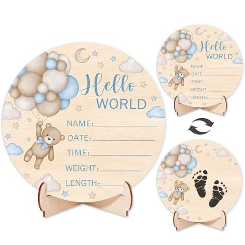 Andrain Double-Sided Wooden Newborn Birth Sign, Blue Bear Baby Announcement Sign, Bear Hello World Name Sign for Hospital, Gift for New Mom Baby Shower, Photography Prop