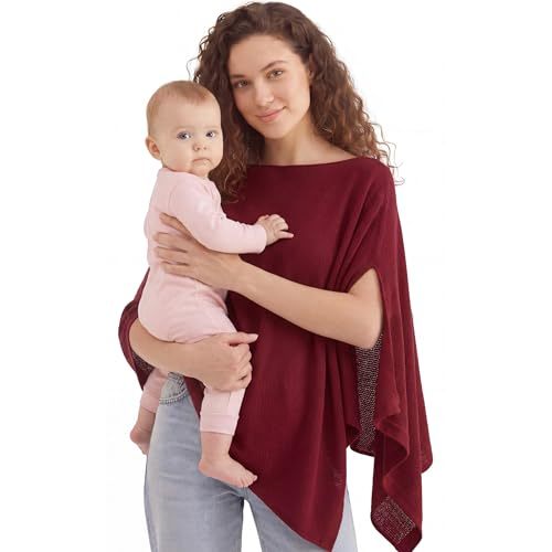 PATPAT Mesh Nursing Cover, Breathable Solid Knit Poncho, Burgundy | 360° privacy coverage, easy baby viewing, nursing and pumping, stroller cover, shawl, baby blanket, lightweight and packable