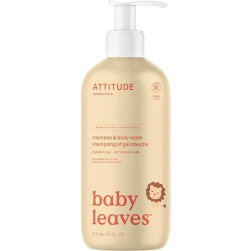 ATTITUDE Baby 2-in-1 Shampoo & Body Wash, EWG Verified, Dermatologically Tested, Vegan, Pear Nectar Scent, 16 Fl Oz