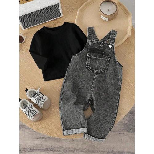 SHEIN Baby Boy Fashion Solid Color Round Neck Top And Casual Bib Pants 2-Piece Set Baby Boy Overall Set Baby Vintage Overalls Boys Baby Jeans Set Baby Boy Overalls Denim Baby Boys Outfit | SHEIN USA