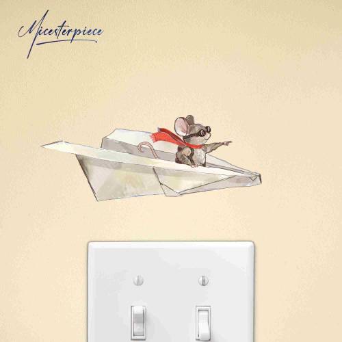 Mouse Flying Paper Plane - Light Switch Sticker - Funny Wall Decoration - Vinyl Decal Sticker - Light Switch Cover Outlet - Removable Vinyl