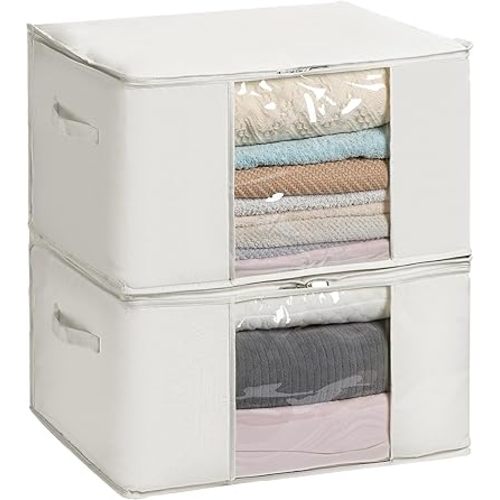 TYEERS Large Storage Bags with Zipper and Clear Window, Cotton Blended Fabric Storage Containers for Seasonal Clothes and Bedding, 23.6x15.7x13.8 Inches, 2-Pack, Beige