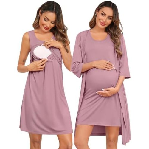 SWOMOG Women Maternity Nursing Gown and 3/4 Sleeve Robe Set Labor Delivery Nightgown Breastfeeding Hospital Bathrobe