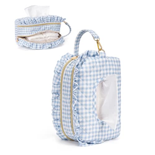 Double-Layer Wipe Holder Quilted Wipes Bag Small Hanging Diaper Bag Portable Wipe Pouch for Stroller, Home, Travel (Blue Checker)