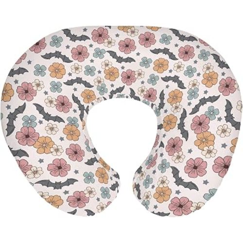 Boho Floral Halloween Bats Baby Nursing Pillow Covers for Boy Girl Vintage Fall Autumn Flowers Nursery Pillowcase for Breastfeeding Pillows Spooky Gothic Soft Stretchy Slipcovers for Newborn Infant