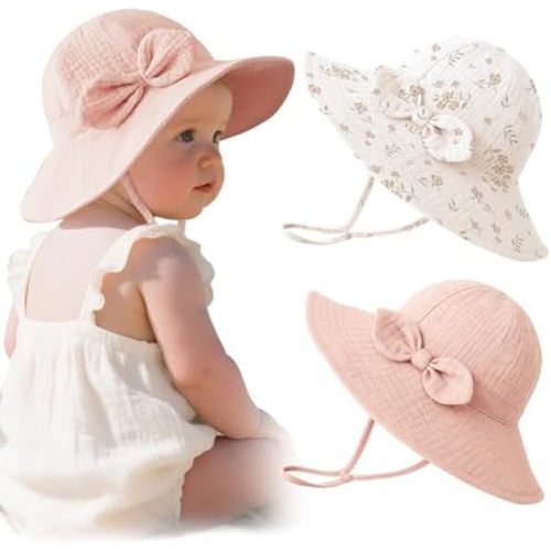 Konssy Muslin Baby Sun Hat 2-Pack, UPF 50+ Sun Protection Wide Brim Summer Beach Hat, Bucket Hat for Girls and Boys