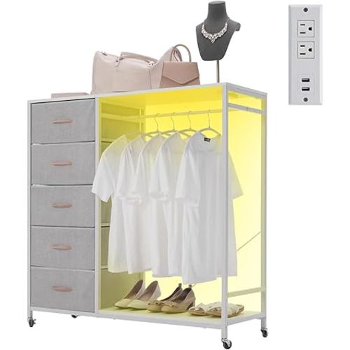 5 Drawer Fabric Dresser with Clothes/Hanging Rail/Rack Chest of Drawers with Charging Station Wardrobe/Closet Dresser for Bedroom, Grey