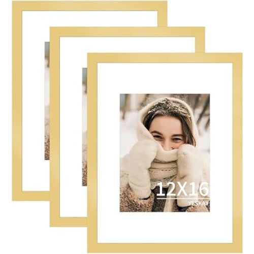 YESKAY 12x16 Picture Frame 3 Pack - Gold Poster Frame Display Pictures 8.5x11 with Mat or 12 x 16 Without Mat for Wall Hanging Horizontal and Vertical