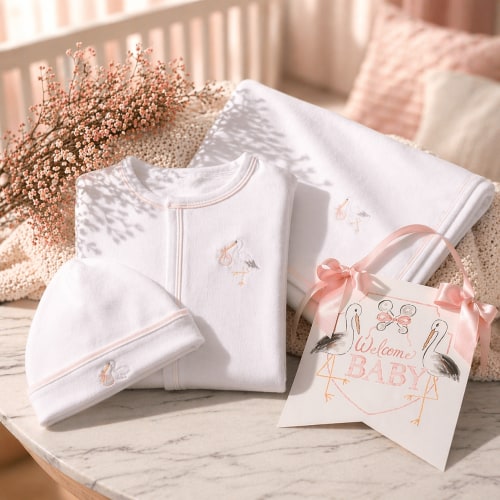 Premium Baby Girl Vintage Stork Footie Gift Set