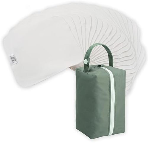 Nora's Nursery Reusable Baby Wipes, 100% Cotton Washcloths, Soft and Absorbent Towels for Newborn Bath and Face, Includes 20 Wipes with 1 Waterproof Pod for On-The-Go Moms,- Sage