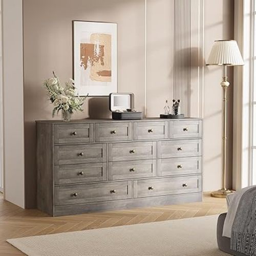12 Drawers Wood Dressers for Bedroom, Wooden Chest of Drawers Clothes Storage Organizer for Living Room, Hallway, Modern Wide TV Stand Dresser for 65 Inch TV, 61" × 15.75" (L×W)