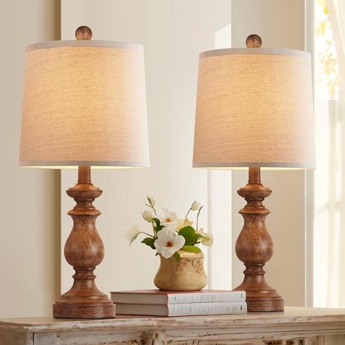 Traditional Table Lamp Set of 2, Rustic Farmhouse Table Lamps for Living Room Bedroom, 22" Bedside Desk Lamps Vintage Nightstand Lamps with Linen Shades, Wood Grain