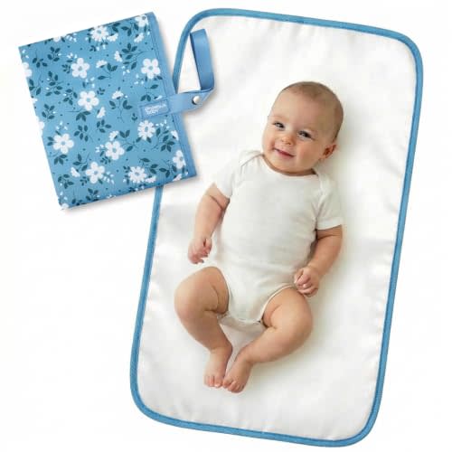Portable Diaper Changing Pad, Waterproof Baby Changing Mat with Wrist Strap | Wipeable Compact Travel Changing Pad for Diaper Bag - Gifts for Baby Shower by PHOEBUS BABY(Blue Flowers)