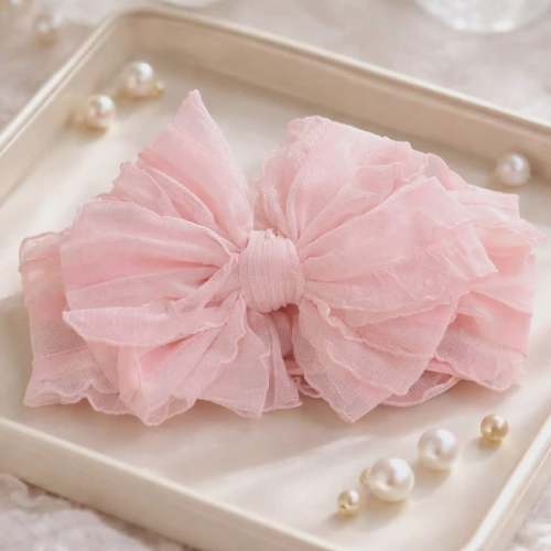 Soft Peachy Pink Ruffle Bow Baby Headband: Newborn-Toddler Headwrap