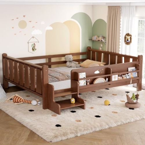 Full Size Kid Platform Bed Frame Toddler Bed Floor Bed with Bookcases, Safety Guardrail & Cute Stairs, Natural - ModernLuxe