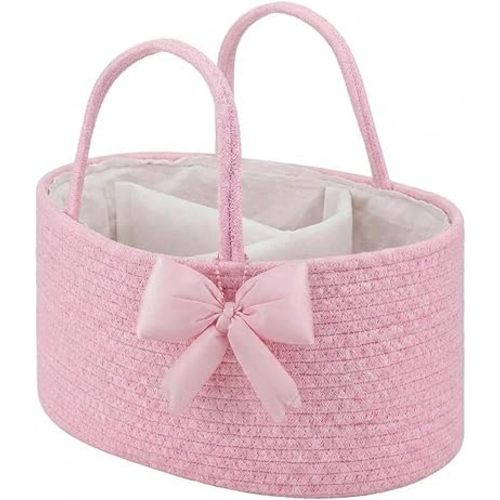 Hushee Pink Bow Baby Diaper Caddy Organizer Baby Gift Bag with Handle Nursery Diaper Basket Organizer for Newborn Boy and Girl Storage Bin for Diapers Wipes New Mom Gift