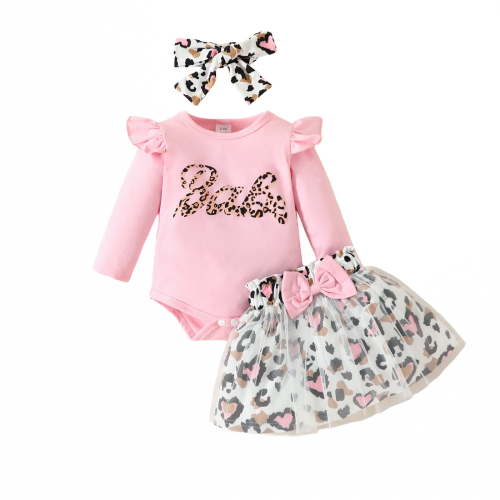 BULLPIANO Newborn Baby Girl Clothes Infant Long Sleeve Ruffle Romper Top Jumpsuit Leopard Mesh Dress with Headband Clothes Set