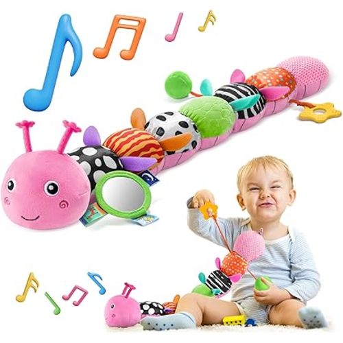 HEMRLY Baby Sensory Toy 0-6 Months, Musical Stuffed Caterpillar Plush with Teether, Crinkle, Rattle, Baby Mirror for Tummy Time, Infant Car Seat Toy for 0-3-6-12 Month Boys Girls Gifts - Winged Pink