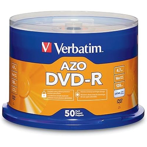 Verbatim DVD-R Blank Discs AZO Dye 4.7GB 16X Recordable Disc - 50 Pack Spindle