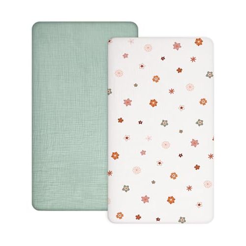Pack and Play Sheets for Baby Boy and Girl 2 Pack, Neutral Muslin Cotton Pack N Play Mattresses Sheet 27"x39", Muslin Nursery Bedding Soft and Breathable Comfort (Sage & Flower-B)