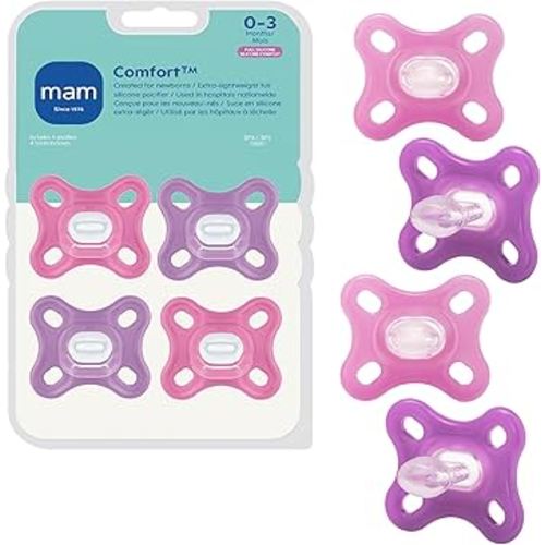 MAM Comfort Baby Pacifiers, Lightweight One-Piece Full Silicone Binky for Newborns 0-3 Months, BPA-Free Nipple, Easy to Clean Pacifier, Best for Breastfed Babies, 4 Count Binkies