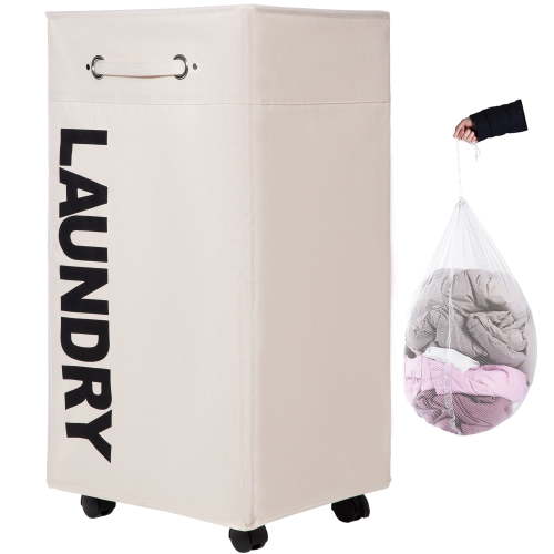 Caroeas 30'' Pro+ Extra Large Rolling Laundry Basket with wheels, Collapsible Laundry Hamper on Wheels Tall Thin Narrow Foldable Storage Bins for Corner, Beige