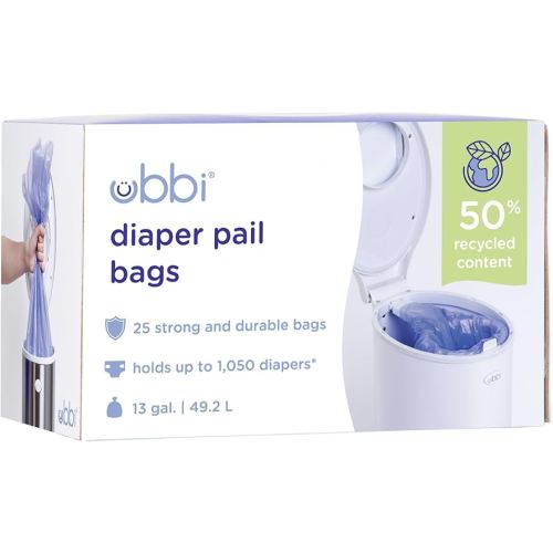 Ubbi Diaper Pail Plastic Bags, Disposable Baby Waste Bags, Single Pack, 25 Count, 13-Gallon Bags