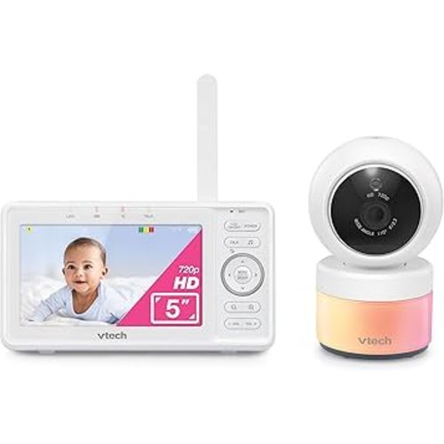 VTech Video Baby Monitor with Camera and Audio, 5" HD LCD Screen, Pan-Tilt-Zoom, 2-Way Talk, VOX Mode, Night Lights, Lullabies, Soothing Sounds, Temperature sensor, Long Range, No WiFi: VM5263 (White)