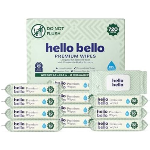 Hello Bello Premium Baby Wipes (Simply Sage) Fragrance-Free 12pk = 720ct