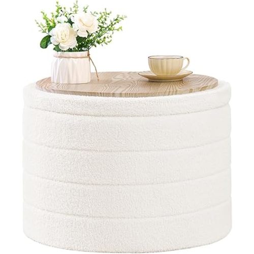 B FSOBEIIALEO Ottoman with Stroage, Round Sherpa Storage Ottoman Stool, Boucle Foot Rest22 x 22"x15.75" (White)