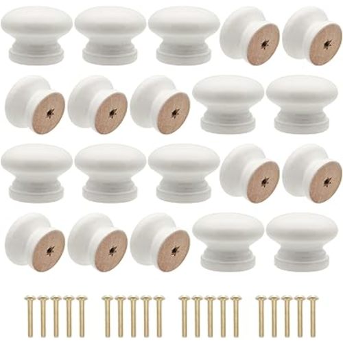 Wooden Cabinet Knobs 20Pcs, White Dresser Wood Knobs Mushroom Vintage Wooden Dresser Drawer Knob Pulls Handles with Screws (Dia.:1.3", Height:1")