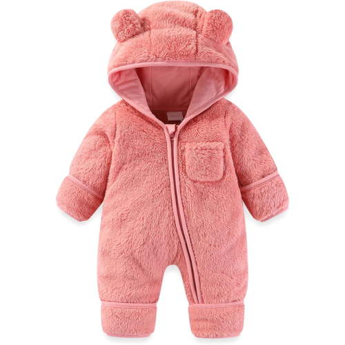 XFHLMJFF Bear Ears Jumpsuit Hooded Baby Fold Over Mittens Footies Girls Boys Winter Long Sleeve Solid Color Pajamas Onesies Suit 9-12 Months