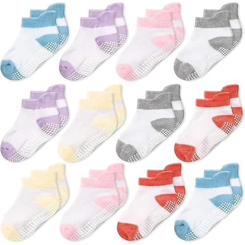 CozyWay Baby & Toddler Socks with Grippers Non Slip Ankle Grip Socks For Boys and Girls - Comfy Soft Cotton - 12 Pack