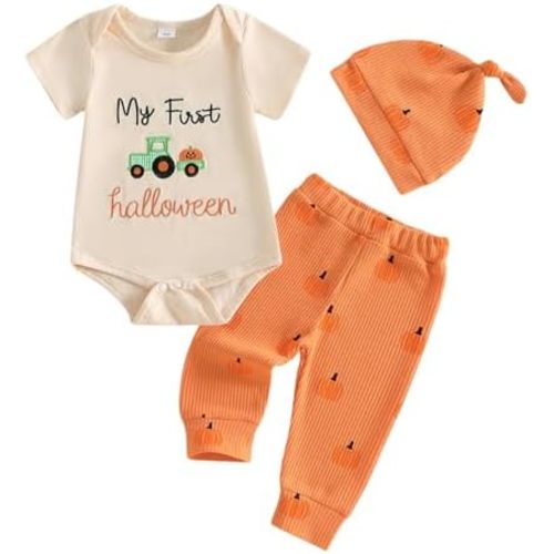 Rtnnsbbfcm My First Halloween Baby Boy Outfit Short Sleeve Romper Pumpkin Pants and Hat Set Newborn Halloween Clothes