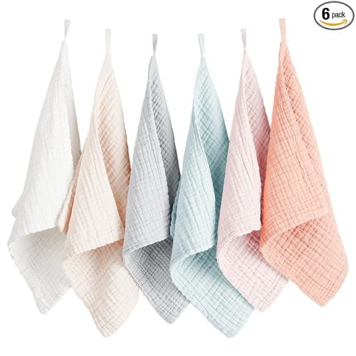 Konssy 6 Pack Baby Muslin Washcloths for Unisex 100% Cotton Wash Cloth Set for Baby Face Body Comfy and Soft for Newborn Infants Kids Girls and Boys