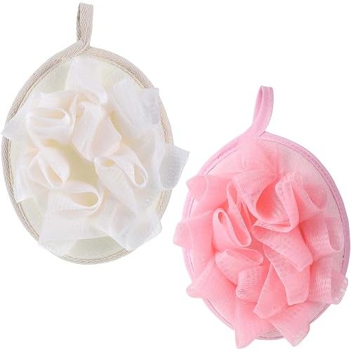 2 Pcs Travel Loofah, Lightweigh Travel Size Loofah, Mini Small Shower Puff with Elastic Hand Strap, Exfoliating Shower Puff for Body and Sensitive Skin, Lightweight Washable Mesh Sponges