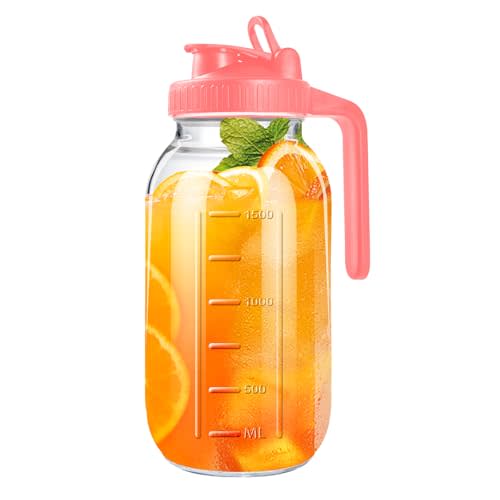 64oz Glass Pitcher with Lid, 2 Quart Mason Jar Pitchers with Lid and Spout, Wide Mouth Breast Milk Pitcher Glass Jug Sun Tea Pitchers, Cold Brew Coffee pitcher, Fridge Container for Water, Juice, Tea