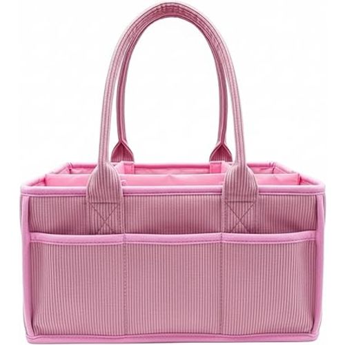 Baby Diaper Caddy Organizer, Nursery Storage Bin and Car Organizer for Diapers and Baby Wipes, Portable Organizer for Changing Table, Nursery (Pink)