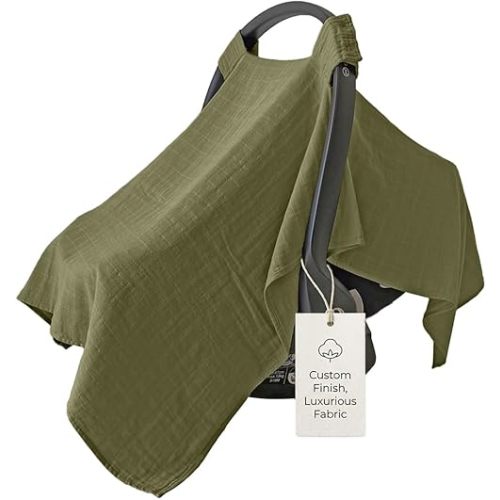 MOZAH Baby Car Seat Cover - Olive Green- 100% Organic Muslin - Soft, Breathable and Lightweight, Baby Infant Car Seat Essentials