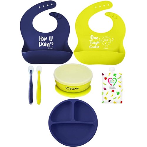 Baby Feeding Set | Silicone Bib Plates Bowls Spoons | Divided Plate Suction Bowl & Soft Spoon Aids Self Feeding | Adjustable Bib Easily Wipe Clean | Spend Less Time Cleaning Up After Toddler/Babies - Navy & Green