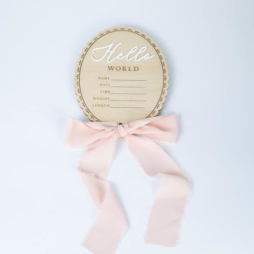 Baby Announcement Sign 6.5 Inch Wooden Hello World Newborn Welcome Sign Birth Name Plaques for Photo Props Shower Hospital Nursery (Pink)