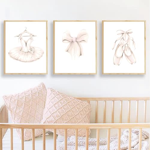 Ballet Dress Bow Wall Art Ballerina Poster Nursery Canvas Painting Ballet Girl Nursery Wall Decor Beige Dancing Shoes Tie Art Print Toddlers Girl Bedroom Home Decoration No Frame