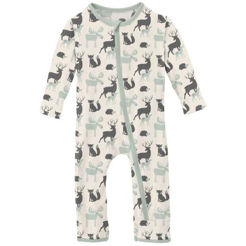 Print Coverall with Zipper in Natural Forest Animals