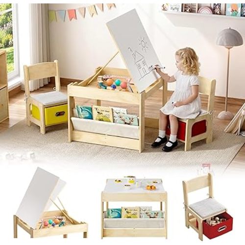 EXPERLAM Kids Table and Chairs, Wooden Kids Table and 2 Chairs with Adjustable-Height Drawing Tabletop, Toddler Table and Chair Set with Safety Hinges,Storage Drawers & Bookshelf for Playroom Nursery