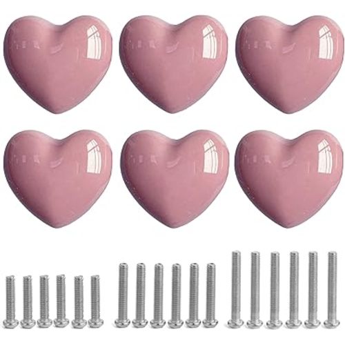 Ceramic Drawer Knobs Heart Shape Cabinet Dresser Pulls Handles with 3 Sized Screws, Kitchen Furniture Knobs for Closet Cupboard Wardrobe (6 Pack, Pink)