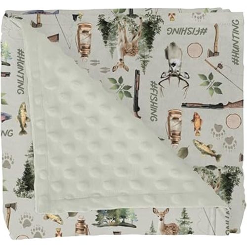 Fishing Hunting Baby Blankets for Girl Boy Bass Fish Deer Paws Green Trees Soft Mink Dotted Backing Double Layer Swaddle Blanket Nature Hunting Animals Bed Throws for Newborn Toddler Crib 30x40